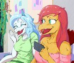 Rating: s
ID: 4534291
Date: 2024-01-14 03:09:15 -0500
Status: active
Score: 3
5_fingers anthro back_plates blue_hair breasts cavemanon_studios cellphone cleavage clothed clothing colored detailed_background dinosaur duo electronics eyes_closed female fingers grace_(iwhtg) green_eyes hair hi_res holding_cellphone holding_object holding_phone holding_smartphone horn i_wani_hug_that_gator laugh long_tail looking_at_another low_cut_shirt open_mouth open_smile ornithischian phone prehistoric_species red_hair reptile rudy_ginger scales scalie shirt sitting smartphone smile snout spiked_tail spikes spikes_(anatomy) stegosaurian stegosaurus tail thyreophoran tongue topwear white_body white_scales yellow_body yellow_scales yonstar_studios post #4534291
