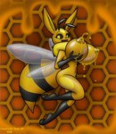 antennae_(anatomy) anthro arthropod bee big_breasts black_sclera bodily_fluids breasts chameloshi eevee female food generation_1_pokemon hi_res honey_(food) honey_drip honey_on_breasts honey_on_nipples honeycomb honeycomb_background huge_breasts hybrid hymenopteran insect lactating lactating_honey looking_at_viewer membrane_(anatomy) membranous_wings navel nintendo nude pokemon pokemon_(species) solo thorax unusual_bodily_fluids unusual_lactation wings