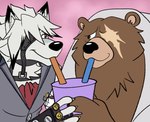 anthro bear ben_bigger brown_body brown_fur canid canine canis drinking_straw duo edtertainerd facial_scar fur harness hi_res leather leather_harness male male/male mammal mihoyo missing_eye red_eyes scar sharing_beverage von_lycaon white_body white_fur wolf zenless_zone_zero