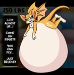 absurd_res anthro bat belly big_belly bodily_fluids dialogue dust:_an_elysian_tail english_text female fidget_(elysian_tail) fur green_eyes growth_drive hi_res huge_belly hyper hyper_belly immobile inflation mammal navel nimbat open_mouth orange_body orange_fur overweight pompuffy_(artist) solo sweat tail text weight_gain white_body white_fur wings