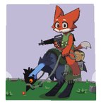 anthro armor assault_rifle avian bird body_armor canid canine daum digital_media_(artwork) duo emu fox gun hi_res m16 male mammal pixel_(artwork) pixile_studios ranged_weapon ratite rifle saddle straddling super_animal_royale weapon