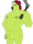 2024 anthro arkyhorny axe balls biped clothing electronic_arts elemental_creature flora_fauna fur genitals glans green_body hat headgear headwear hi_res male muscular muscular_anthro muscular_male navel nipples not_furry peashooter_(pvz) penis plant plants_vs._zombies popcap_games primal_peashooter simple_background solo standing white_background