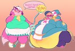 2023 anthro blush bovid bovine canid canine cattle claire_higsby clothed clothing color_coded color_coded_speech_bubble duo female female/female fox healing_numbers hi_res mammal melody_amaranth morbidly_obese obese overweight pastelgeneticist raised_clothing speech_bubble staff super_lesbian_animal_rpg trans_(lore) trans_woman_(lore) weight_gain