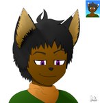 absurd_res anthro black_hair clothing dark_body dark_skin digital_media_(artwork) green_clothing green_shirt green_topwear hair hi_res male orange_scarf purple_eyes scarf shirt sinisterslyfox solo topwear young