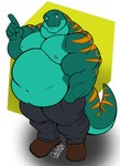 2017 anthro belly boots bottomwear clothed clothing deadanthro footwear gesture hand_gesture hand_in_pocket hi_res lizard male markings moobs muscular muscular_anthro muscular_arms muscular_male navel nipples non_mammal_nipples overweight overweight_anthro overweight_male pants pockets pointing pointing_up reptile scalie shoes simple_background solo striped_markings stripes teal_body yellow_eyes