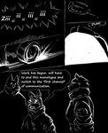 absurd_res anthro black_background canid colored_line_art comic cybernetics dark dialogue digital_drawing_(artwork) digital_media_(artwork) english_text female fifty_seventh_(kofomy) fifty_sixth_(kofomy) group hi_res kofomy machine male mammal monochrome simple_background speech_bubble text trio white_line_art