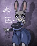 4:5 absurd_res anthro big_breasts breasts clothed clothing cuff_(restraint) dialogue disney english_text female grey_body handcuffs hi_res judy_hopps lagomorph leporid mammal metal_cuffs rabbit renegade-157 restraints solo text thick_thighs zootopia