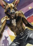 abs african_wild_dog anthro athletic belt bottomwear brown_eyes canid canine clothed clothing creeps detailed_background fur gouache_(artwork) male mammal open_mouth pants solo_focus teeth tongue topless topless_male traditional_media_(artwork) watercolor_(artwork)