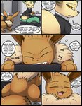 2017 absurd_res balls barely_visible_balls barely_visible_genitalia base_three_layout blockage_(layout) blush bodily_fluids bottomless clothed clothing comic cute_fangs dialogue duo eating eevee eeveelution english_text eyes_closed fan_character fangs feral five_frame_image food generation_1_pokemon generation_4_pokemon genitals hi_res horizontal_blockage kuroodod leafeon looking_back male nintendo open_mouth orange_eyes oversexed_eeveelutions pokemon pokemon_(species) profanity saliva sam_(kuroodod) speech_bubble tail tail_motion tailwag teeth text thought_bubble three_row_layout tongue wrath_(kuroodod) yellow_eyes