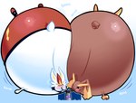 2022 absurd_res bodily_fluids body_inflation brown_body brown_fur cel_shading cinderace digital_drawing_(artwork) digital_media_(artwork) duo female female/female feral freshlysqueezed fur game_freak generation_4_pokemon generation_8_pokemon helium_inflation helium_tank hi_res hose_in_mouth hose_inflation inflation lagomorph lopunny mammal motion_lines nintendo onomatopoeia pokemon pokemon_(species) puffed_cheeks rabbit_ears red_cheeks scut_tail shaded short_tail simple_background sound_effects spherical_inflation sweat tail text white_body white_fur