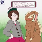 1:1 2023 anthro breasts brown_body brown_fur brown_hair clothed clothing dialogue duo english_text female fur generation_4_pokemon gloria_(pokemon) gynomorph_(lore) hair hat headgear headwear hi_res human in_heat lagomorph lopunny mammal nintendo nipples nude pokemon pokemon_(species) pokemorph souley69 sweater text topwear