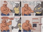 absurd_res angry anthro body_hair bottomwear catfishing chat clothed clothing comic dialogue domestic_pig door_slam duo electronics english_text felid gesture hairy hand_gesture hi_res holding_object holding_phone horn jockstrap jockstrap_only joe_(nanoff) jumpsuit male mammal mechanic musclegut muscular muscular_male nanoff nipples overweight overweight_male pantherine phone pointing pointing_at_self profanity rhinoceros shirt shirtless_male shorts shoulder_hair slightly_chubby slightly_chubby_male speech_bubble suid suina sus_(pig) tank_top text topless topwear underwear underwear_only unzipped_bodysuit