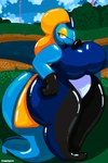 2:3 anthro big_breasts breasts eyelashes female fin generation_8_pokemon glistening glistening_body grass half-closed_eyes hand_on_breast hi_res huge_breasts huge_thighs inteleon looking_at_viewer narrowed_eyes nintendo overweight overweight_anthro overweight_female pixel_star plant pokemon pokemon_(species) scalie tail thick_tail thick_thighs water