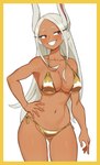 animal_ears animal_humanoid big_breasts blush blush_lines border breasts dark_body dark_skin eyelashes female flowerpigeon73 front_view fur gold_swimwear grey_body grey_fur grey_hair hair hand_on_hip hi_res humanoid lagomorph lagomorph_humanoid leporid_humanoid long_hair mammal mammal_humanoid my_hero_academia navel rabbit_humanoid red_eyes rumi_usagiyama simple_background smile solo thick_thighs white_background wide_hips yellow_border