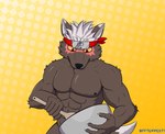 abs accessory anthro biceps bowl canid container cooking dipstick_ears dipstick_tail ear_markings fftempest fur grey_body grey_fur hair headband lifewonders male mammal markings multicolored_ears muscular muscular_male nipples pecs red_eyes red_headband solo tadatomo_(tas) tail tail_markings tokyo_afterschool_summoners white_hair yellow_sclera