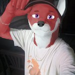 1:1 anthro cabura canid canine claws clothed clothing draw_over facial_scar felid feline fox hat headgear headwear hi_res hybrid inside jewelry living_room looking_at_viewer male mammal necklace open_mouth pawpads paws photo_background photography_(artwork) scar solo true_fox xfotzy