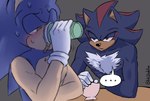 absurd_res anthro blush bodily_fluids clothing comic container cup digital_media_(artwork) drinking duo eulipotyphlan fur furniture gloves handwear hedgehog hi_res male male/male mammal sega shadow_the_hedgehog simple_background sonic_the_hedgehog sonic_the_hedgehog_(series) sweat sweatdrop uglyskeleton