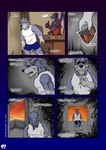 alcohol anthro armor balcony beverage blank_stare blonde_hair blood blue_bottomwear blue_clothing blue_shorts bodily_fluids bottomwear canid canine canis chair clothing comic crying depression desk doorway dragon duo english_text footwear fur furniture gervic_(vju79) grey_body grey_fur grief hair hand_on_own_chest hi_res holding_beverage holding_object holding_photo horn inner_monologue male mammal membrane_(anatomy) membranous_wings mythological_creature mythological_scalie mythology obscured_eyes orange_sky pain photo profanity purple_body purple_scales rear_view red_armor sad sandals scales scalie shirt shoes shorts sky squiggly_lines table tail tank_top tears text topwear vju79 vlagg_(vju79) wine wings wolf