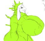 2022 anthro areola areola_outline belly big_areola big_breasts big_ears biped breasts clothed clothing eyelashes female freckles green_clothing huge_areola huge_breasts huge_hips huge_thighs mush_(tacofoxbrazil) open_mouth slightly_chubby solo tacofoxbrazil thick_thighs wide_hips