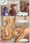 anthro avi_(narusewolf) coin comic dialogue dragon fantasy female feral gold_(metal) group hi_res horn kobold licking licking_lips male mammal mythological_creature mythological_scalie mythology narusewolf purple_body red_body reptile resting rona_(narusewolf) scalie servant size_difference speech_bubble tail tongue tongue_out trio wings yelling yellow_eyes