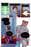 bastriw beverage brown_eyes canid canine canis clothing coffee comic dialogue domestic_dog english_text eye_scar eyewear facial_scar felid fernando_(bastriw) glasses hi_res male mammal martin_(bastriw) pantherine scar stalking starbucks sweater text tiger topwear url