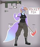 anthro axe belt blood bodily_fluids boots brown_hair canid canine canis clothed clothing combat_boots dog_tags facial_markings female footwear fox green_eyes gun hair handgun head_markings hi_res holding_object holding_weapon jewelry mammal markings melee_weapon military_pants muscular muscular_female necklace photolol.03 pistol purple_body ranged_weapon rocket_launcher shoes smile smiling_at_viewer solo tammy_(photolol.03) weapon