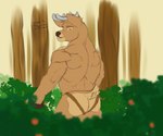 6:5 absurd_res anthro back_muscles big_muscles bottomwear brown_body brown_eyes brown_fur brown_nose butt clothed clothing deer dialogue forest forest_background fur hi_res loincloth lotu_bleu male mammal muscular nature nature_background new_world_deer noah_(lotu_bleu) partially_clothed pecs plant smile solo text tree white-tailed_deer white_butt