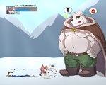 5:4 anthro bear belly canid canine canis cape clothing cold dialogue domestic_dog duo freezing frustration_cloud game_avatar gameplay_mechanics gui health_bar iconography level_number male mammal musclegut muscular nullraihigi number pecs pictographics polar_bear shirtless snow spiral_eyes text translated ursine