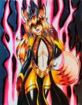 absurd_res anthro black_body black_fur black_hair breasts canid canine clothing dress female fox foxxi fur hair head_fur hi_res horn ideltasarc333 mammal orange_body orange_fur red_eyes solo tail white_body white_fur