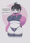 anthro bear belly belly_squish big_breasts breasts bulging_breasts clothed clothing complaining cropped_hoodie dark_hair digital_media_(artwork) english_text fangs female giant_panda hi_res highlights_(coloring) hoodie huge_breasts legwear lunarclaws maeve_(lunarclaws) mammal meme meme_clothing midriff navel paggi_outfit panties pantsless red_eyes skimpy skull_symbol slightly_chubby solo squish talking_to_self teeth text thigh_highs topwear underwear white_highlights