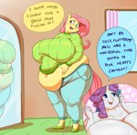 2022 anthro belly belly_overhang big_belly big_breasts big_butt blue_eyes breasts butt color_coded color_coded_speech_bubble color_coded_text command cutaway dialogue digital_media_(artwork) duo english_text equid equine female fluttershy_(mlp) friendship_is_magic hasbro hi_res horn huge_breasts mammal my_little_pony mythological_creature mythological_equine mythology name_drop name_in_dialogue navel obese obese_female overweight overweight_female rarity_(mlp) sirmasterdufel speech_bubble talking_to_another text unicorn