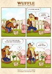 anthro aunty_pinky canid canine canis cc0 clothing comic creative_commons dialogue dress duo female fence hi_res male mammal money patch_(fabric) piti_yindee public_domain wolf wuffle wuffle_(webcomic)