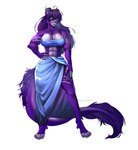 absurd_res anthro big_breasts bottomwear breasts canid canine canis clothing ear_piercing felid female fur galdway hi_res horn industrial_piercing iris_grim lime_eyes lycafel mammal muscular muscular_anthro piercing prehistoric_species purple_body purple_fur saber-toothed_tiger skirt solo topwear tube_top wolf