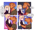 4_panel_comic anthro blonde_hair blush blush_lines boyfriends brown_body brown_fur bunny_boyfriend canid canine canis cheek_tuft chin_tuft clothing dialogue dog_boyfriend domestic_dog duo english_text eyes_closed facial_tuft femboy floppy_ears fur hair half-closed_eyes heresvix kissing lagomorph leporid male mammal narrowed_eyes rabbit shirt speech_bubble sweater t-shirt text topwear tuft turtleneck white_body white_fur wide_eyed