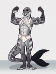 3:4 anthro barefoot black_nose briefs clothed clothing clothing_lift druidyordle feet fin flexing_muscles grey_body grey_eyes grey_seam_briefs grey_waistband hi_res male mammal marine markings muscular muscular_male navel open_mouth pantsless pantsless_anthro pantsless_male pinniped seal shadow shirt shirt_in_mouth shirt_lift smile solo spots spotted_markings tail tail_fin tank_top tighty_whities topwear underwear white_briefs white_clothing white_shirt white_tank_top white_topwear white_underwear