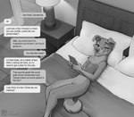 2020 amber_(zaush) anthro bed bird_dog bottomless breasts canid canine canis casual_exposure clothed clothing comic crop_top dialogue digital_media_(artwork) domestic_dog electronics english_text eyewear female fur furniture glasses greyscale hair hi_res holding_object holding_phone hunting_dog jewelry labrador lying mammal monochrome nipple_outline nipples on_back phone retriever ring shirt small_breasts smile solo spaghetti_strap text topwear zaush