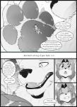 2019 anthro building canid canine canis cheek_tuft chest_tuft claws clothing cloud comic day duo english_text eyebrows eyes_closed facial_tuft female feral fox greyscale hi_res macro male mammal monochrome one_eye_closed open_mouth pawpads plant s2-freak schwarzpelz size_difference sky smile speech_bubble text tower tree tuft watermark wink wolf young young_anthro