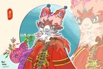 2024 anthro asian_clothing blue_eyes canid canine chinese_clothing clothing dragon dust_wind ear_tuft east_asian_clothing eastern_dragon flower fur hair hi_res male mammal mythological_creature mythological_scalie mythology pink_body pink_fur plant red_body red_fur red_hair robe scalie simple_background smile solo standing tuft white_body white_fur young