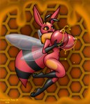 antennae_(anatomy) anthro arthropod bee big_breasts black_sclera bodily_fluids breasts chameloshi eevee female food generation_1_pokemon hi_res honey_(food) honey_drip honey_on_breasts honey_on_nipples honeycomb honeycomb_background huge_breasts hybrid hymenopteran insect lactating lactating_honey looking_at_viewer membrane_(anatomy) membranous_wings navel nintendo nude pokemon pokemon_(species) solo thorax unusual_bodily_fluids unusual_lactation wings