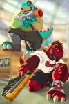 2023 2:3 absurd_res anthro biped black_body blaster_(splatoon) blue_markings blurred_background bottomwear brown_body brown_eyes brown_hair claws clothed clothing digital_drawing_(artwork) digital_media_(artwork) dinosaur duo english_text eyewear facial_hair feet gear glasses goatee green_body green_markings hair hi_res holding_object holding_weapon huge_filesize imperion_drakon jumping looking_at_viewer male markings musclegut muscular muscular_anthro muscular_male mustache nintendo pants plantigrade prehistoric_species protective_gear red_body reptile s-blast scale_markings scales scalie shows sideburns signature simple_background spikes splatana splatana_wiper splatoon tail text theropod topwear trick_rex_(artist) trick_rex_(character) tyrannosaurid tyrannosauroid tyrannosaurus tyrannosaurus_rex weapon white_clothing yellow_sclera