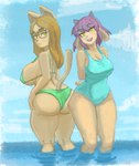 4chan anonymous_artist anthro big_breasts big_butt bikini blonde_hair blush bovid breasts brown_body brown_fur butt butt_pose caprine cat_girl_(on_your_tail) clothing cloud diana_(on_your_tail) domestic_cat duo eyelashes eyewear felid feline felis female fur glasses goat hair hand_on_hip hands_behind_back horn long_hair looking_at_viewer looking_back mammal medium_breasts medium_hair on_your_tail one-piece_swimsuit orange_body orange_eyes orange_fur partially_submerged pose purple_hair sea seaside side_boob smile standing swimwear tail thick_thighs two-piece_swimsuit water yellow_eyes