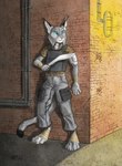 0laffson 2021 4_toes 5_fingers anthro armor belt belt_buckle big_feet black_ears blue_eyes body_armor brick_wall buckle canada_lynx clothed clothing dated detailed_background digitigrade dipstick_tail facial_tuft feet felid feline female fingers foot_wraps fur glowing glowing_eyes grey_body grey_fur hi_res holding_object holding_weapon kukri kukuri_(weapon) lamp looking_aside lynx mammal markings outside pouch_(clothing) science_fiction signature solo standing tail tail_markings toes traditional_media_(artwork) tuft vahdira wall_(structure) weapon white_body white_fur wraps wrist_wraps