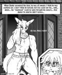 2015 anthro blush bodily_fluids bottomwear bulge clothed clothing comic dragon drooling english_text felid female hi_res horn if_hell_had_a_taste male mammal marci_hetson monochrome muscular muscular_anthro muscular_male mythological_creature mythological_scalie mythology open_mouth pants saliva scales scalie scar shirt skylar_fidchell sweat sweatpants tail text topwear towel viroveteruscy