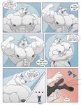 abs anthro arctic_wolf big_bulge big_muscles big_pecs black_body black_fur bulge canid canine canis clothing comic detailed_bulge dialogue duo english_text flexing flexing_bicep flexing_muscles fur genital_outline hi_res huge_muscles hyper hyper_muscles juano male mammal muscular muscular_anthro muscular_male pec_squeeze pecs penis_outline russian_text sergei_(juano) size_difference text thong underwear white_body white_fur wolf zil_(zilch1998)