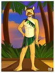 3:4 anthro clothed clothing facial_hair fuze fuzeyeen grass_skirt grin hi_res hyena male mammal mustache navel nipples outside palm_tree plant pose skirt_only smile solo spotted_hyena sunset topless tree