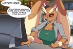 absurd_res anthro apron big_breasts breasts brown_body brown_fur clothed clothing dialogue electronics english_text female fur generation_4_pokemon headgear headphones headset hi_res lopunny nintendo pokemon pokemon_(species) solo text thyhsilverfeet