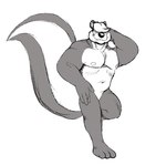 anthro black_body black_nose digital_media_(artwork) fur hair hair_over_eyes hand_behind_head long_tail looney_tunes male mammal maychin mephitid monochrome muscular muscular_anthro muscular_male nipples pecs pitu_le_pew simple_background sketch smile solo tail warner_brothers white_body white_fur