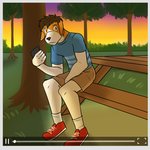 1:1 anthro bench bottomwear camera_view canid canine canis cellphone clothed clothing domestic_dog electronics footwear fully_clothed fuze hi_res holding_cellphone holding_object holding_phone male mammal outside park_bench phone shirt shoes shorts sitting socks solo sunset t-shirt topwear