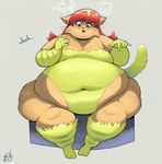 2022 3_toes absurd_res anthro armwear artist_name belly belly_overhang big_belly big_cheeks biped blonde_highlights blush bodily_fluids breasts brown_body brown_fur cheek_tuft chubby_cheeks cleavage clothed clothing collar cute_fangs deep_navel dialogue domestic_cat double_chin elbow_gloves embarrassed facial_tuft fangs fat_legs feet felid feline felis female front_view full-length_portrait fur gloves grey_background grey_eyes hair handwear hi_res highlights_(coloring) holotuff huge_belly huge_hips huge_thighs legwear leotard long_hair looking_at_own_belly looking_down_at_self mammal markings narrowed_eyes navel navel_outline nintendo nintendo_power obese obese_anthro obese_female open_mouth overweight overweight_anthro overweight_female portrait red_hair signature simple_background sitting solo steam striped_markings stripes susie_(nintendo_power) sweat sweatdrop tail teeth thick_thighs thigh_highs tight_clothing toes tuft uhoh weight_conscious weight_gain whiskers wide_hips yellow_clothing