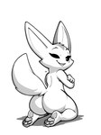 2024 3:4 absurd_res aggretsuko anthro biped butt canid canine eyelashes feet female female_anthro fennec_fox fenneko fox hi_res kneeling looking_at_viewer looking_back mammal menzorem monochrome nude pawpads paws plantigrade sanrio soles solo tail toes true_fox